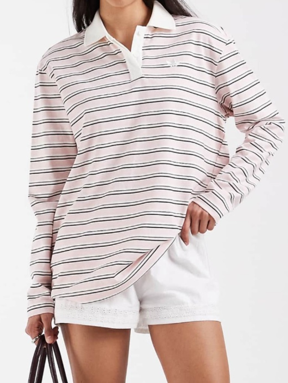 adidas Pink and White Striped Long-Sleeve Rugby Polo